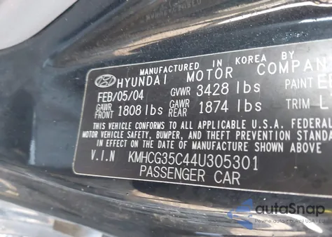 2004 Hyundai Accent Gl/Gt z USA, uszkodzony, nr VIN KMHCG35C44U305301